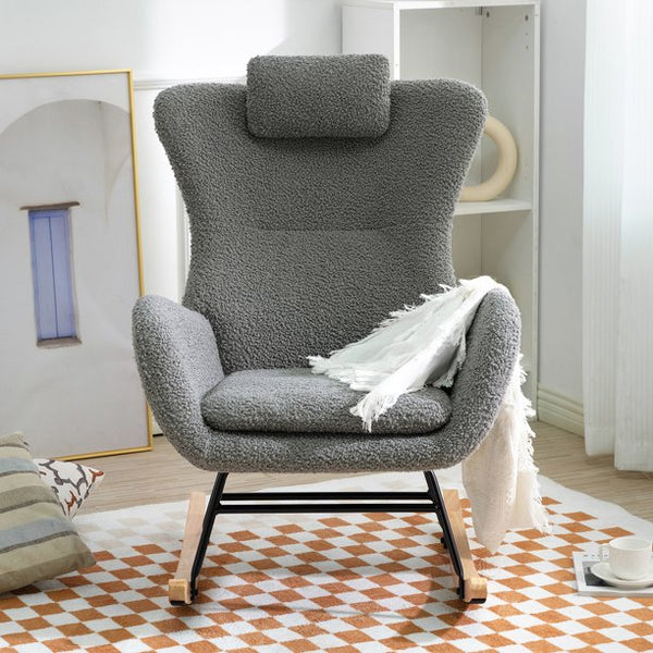 Nursery Rocking Chair Teddy Upholstered Glider Rocker, Rocking Accent Chair Padded Seat with High Backrest, Armchair Comfy Side Chair for Living Room Bedroom Offices, 26.38 "W* 34.25"D *36.22 "H, Gray