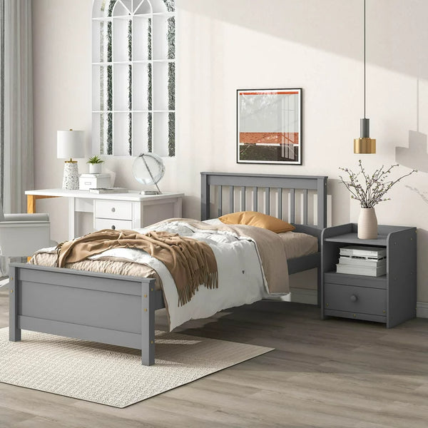 2 Pieces Twin Bedroom Furniture Sets for Kids Teens Adults, Twin Size Platform Bed with a Nightstand, Solid Wood Platform Bed Frame with Headboard and Footboard, Mattress Not Included, Grey