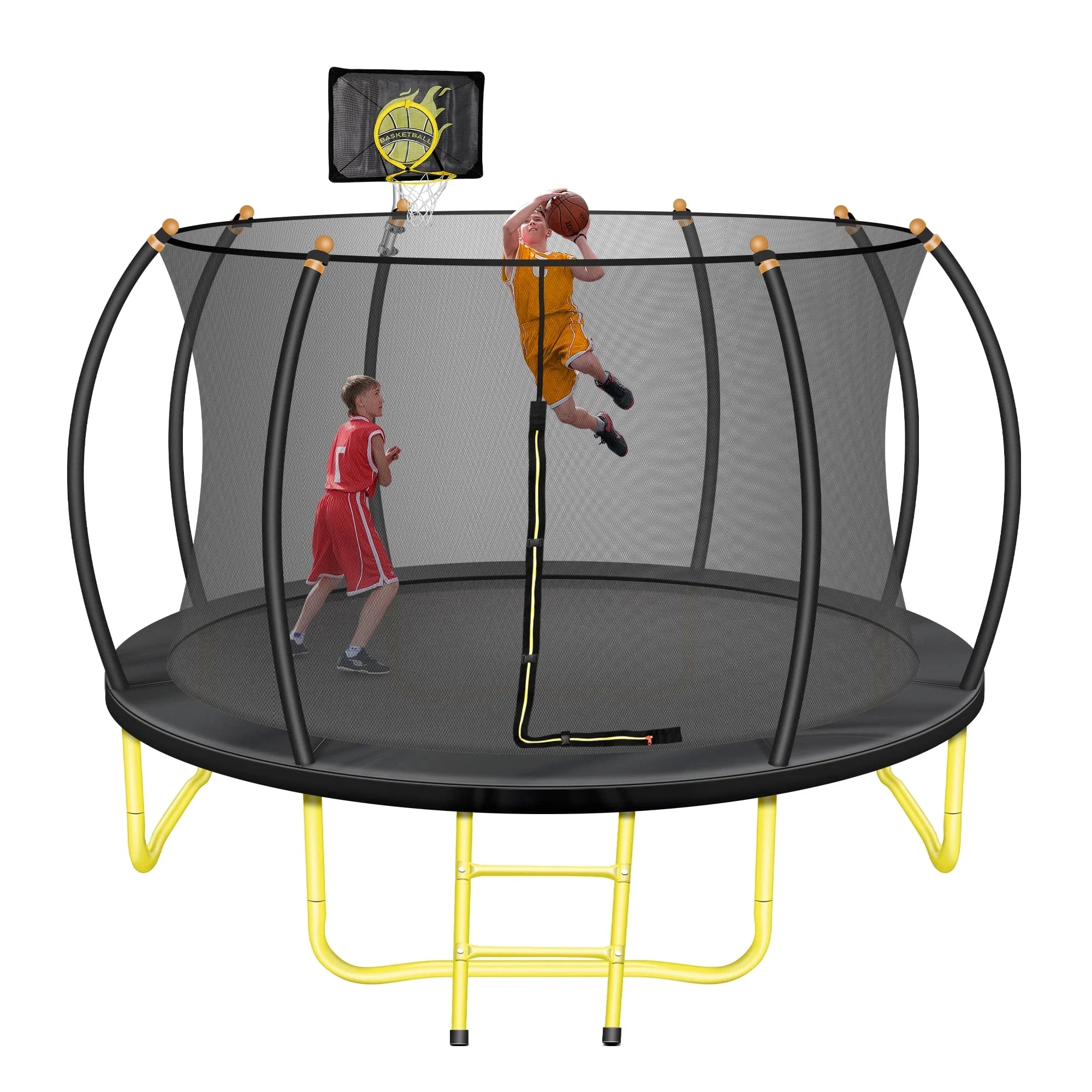 12FT Recreational Trampoline, No Screws Installation Frame Trampoline with Ladder, Curved Safe Guardrail& Basketball Hoop, 660 Heavy Duty Support