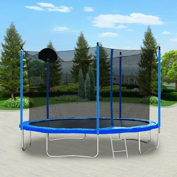 12FT Trampoline with Basketball Hoop, 1.4MM Thickened Recreational Trampoline for Adults & Kids, Heavy Duty Outdoor Trampoline with Full Enclosure Net & Steel Ladder