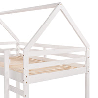 Twin Size Loft Bed with Slide, Kids Loft Bed with House and Roof Design, Low Loft Bed Frame with Built-in Ladder and Safety Guardrail, Solid Wood Twin Loft Bed for Kids Boys and Girls, White