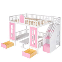Full Over Full Bunk Bed with Changeable Table & Storage Stairs and 2 Drawers, Separable Bunk Bed Turn into Upper Bed and Down Desk, House Bed for Boys and girls (Pink)