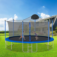 14 FT Trampoline Outdoor with Basketball Hoop, Backyard Trampoline with Enclosure Net, Heavy Duty Large Trampoline for Kids and Adults, Blue