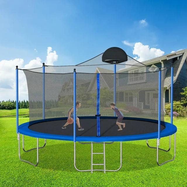 14 FT Trampoline Outdoor with Basketball Hoop, Backyard Trampoline with Enclosure Net, Heavy Duty Large Trampoline for Kids and Adults, Blue