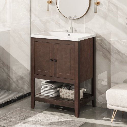 24" Bathroom Vanity,Wood Cabinet Basin Vessel and Sink Set,Ceramic Sink with Pre-Drilled Fauce Holes,Freestanding Storage Cabinet with Doors and Open Shelf,4" faucet will fit this product(not include)