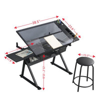 Drafting Table Art Tesk for Adults and Artists, Tempered Glass Drawing Table with 0-75° Height-Adjustable, Craft Tables with Multiple Storage and Drafting Stool, Versatile Drafting Desk Home Office
