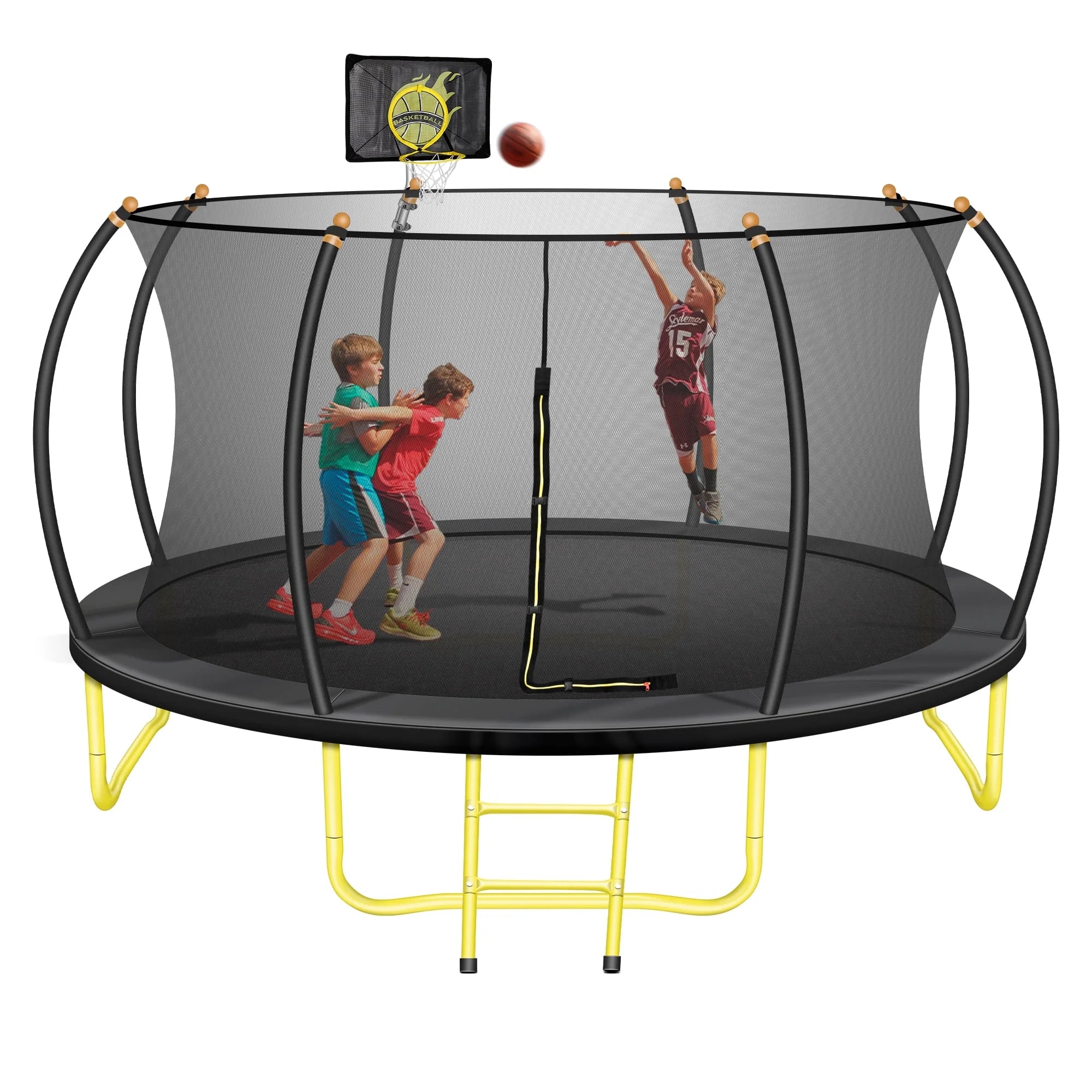 14FT Recreational Trampoline, No Screws Installation Frame Trampoline with Ladder, Curved Safe Guardrail& Basketball Hoop, 880 Heavy Duty Support