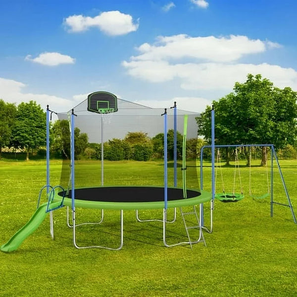 14FT Trampoline Set with Swing, Slide, Basketball Hoop,Sports Fitness Trampolines with Enclosure Net, Recreational Trampolines for Kids