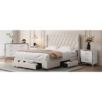 Velvet Queen Size Platform Bed with 3 Drawers,Upholstered Bed with Wide Headboard,Platform Bed Frame,No Box Spring Needed, Beige