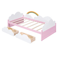 Twin Size Daybed with 2 Storage Drawers,Wood Platform Bed with Clouds and Rainbow Decor,Twin Bed Frame for Kids Girls Boys,White+Pink