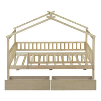 Twin Size Montessori Bed with Two Drawers for Kids, Wood Floor Bed Frame, House Bed Frame with Fence & Roof, Solid Wood Playhouse Bed Storage Bed, for Girls Boys Teens, Natural