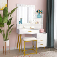 White Vanity Desk with Mirror and Lights, Makeup Vanity with Cushioned Stool, 3 Storage Shelves and 4 Drawers, Bedroom Dressing Table for Girls and Women, Christmas Gift