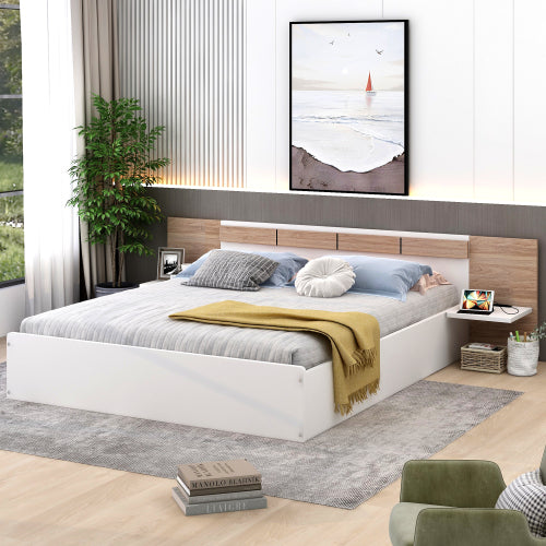 Queen Size Platform Bed with USB Ports,Sockets and Shelf, Wooden Bed Frame with Extended Headboard, Low Floor Bed with Slats Support, No Box Spring Needed,White