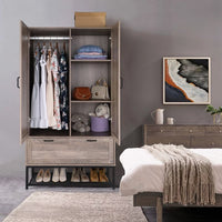 Wardrobe Armoire Closet with 2 Door, Freestanding Wardrobe Cabinet with Drawer & Hanging Rod, Bedroom Armoire Clothes Organizer, Grey(38" W x 20.5" D x 70.9" H)