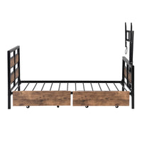 Twin Size Metal Platform Bed with MDF Headboard and Footboard, Multifunctional Platform Bed Frame with Two Storage Drawers and Rotatable TV Stand, Heavy Duty Platform Bed, Easy Assemble, Black