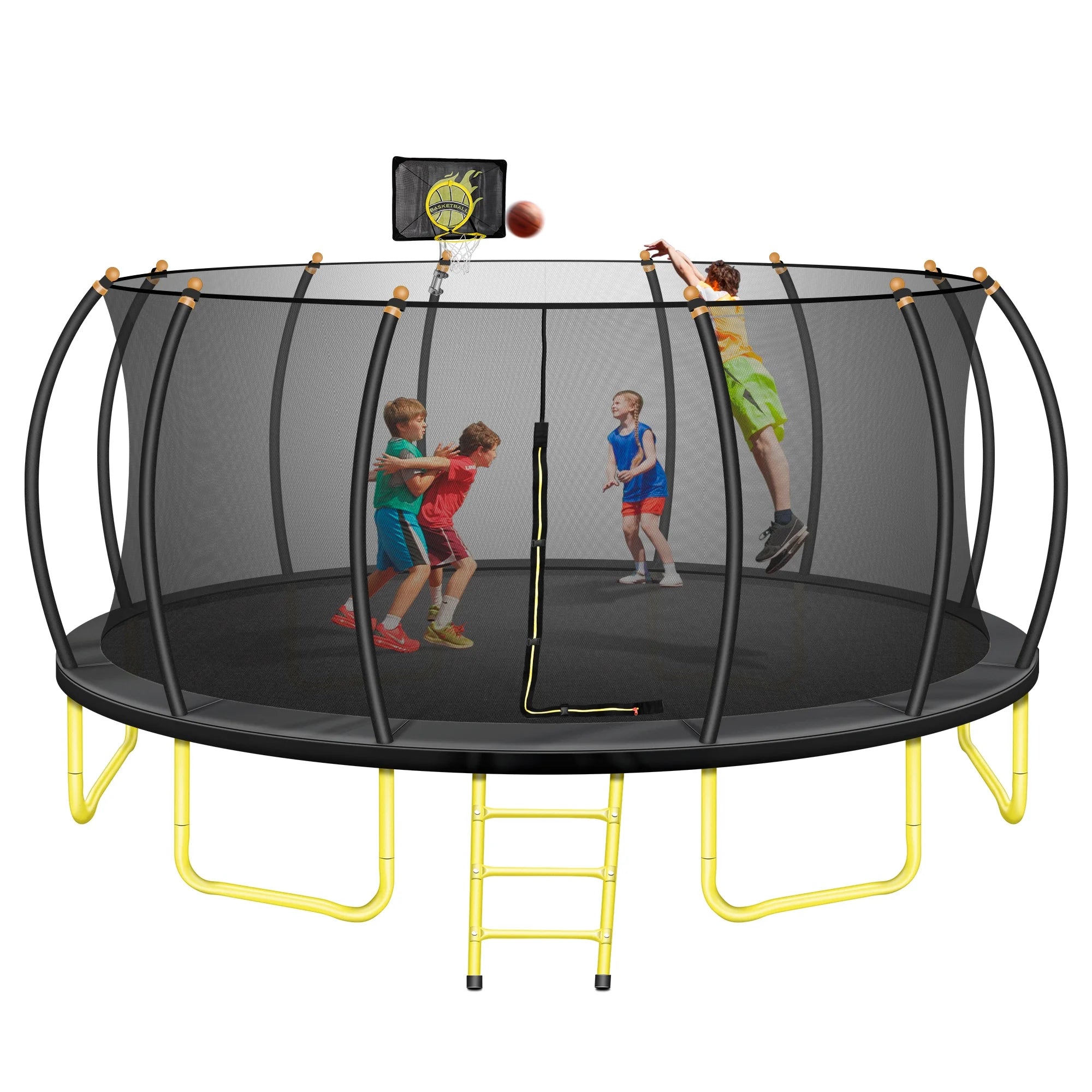 16FT Outdoor Trampoline, Pumpkin Trampolines with No Screws Installation Frame, Three-Step Stairs, Curved Poles& Basketball Hoop, 1100 Heavy Duty Support