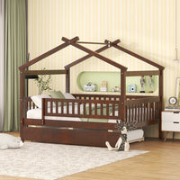Full Size House Bed with Trundle, Wood Full Bed Frame with Roof and Fence-Shaped Guardrail, Montessori Bed for Teens, Boys or Girls, Walnut
