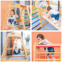 Indoor Playground Jungle Gym Kids, Toddlers Wooden Climber Playset 7 in 1 Slide, Rock Climb Wall, Rope Wall Climbing, Monkey Bars, Swing, Small Family Amusement Park for Children Ages 2 - 10years