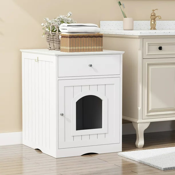 Wooden Pet House Cat Litter Box Enclosure with Drawer, Side Table, Indoor Pet Crate, Cat Home Nightstand, Hooded Hidden Pet Box, Cats Furniture Cabinet, Kitty Washroom, Pet Nightstand, White