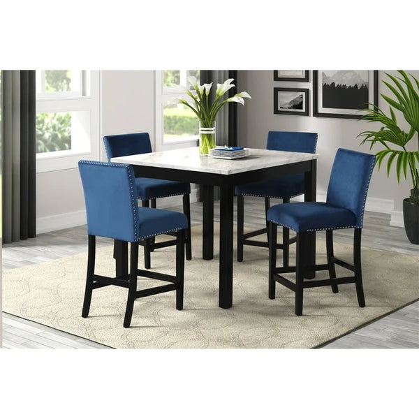 5 Piece Dining Table Set for 4 Persons, Wooden Dining Table Set with One Faux Marble Dining Table and 4 Upholstered-Seat Chairs Modern Counter Height Dining Table Set for Kitchen Living Room, Blue