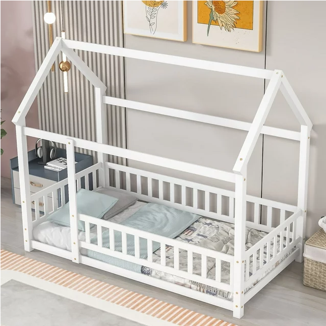 Twin Size Floor Bed with Fence Guardrails for Kids and Toddlers, Montessori Bed Playhouse Canopy Bed with Roof, Twin Platform Bed Frame for Boys and Girls, No Slats Included (White, Twin Size)