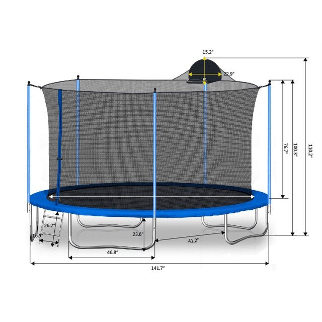 12FT Trampoline with Basketball Hoop, 1.4MM Thickened Recreational Trampoline for Adults & Kids, Heavy Duty Outdoor Trampoline with Full Enclosure Net & Steel Ladder