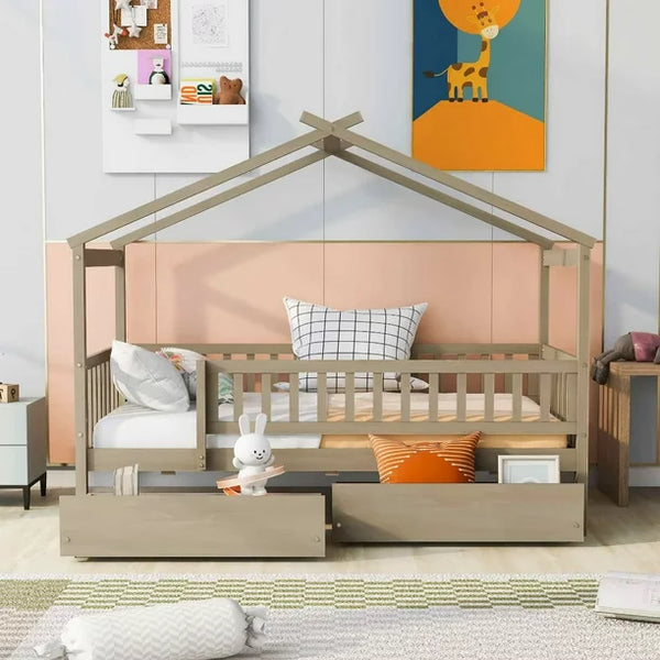 Twin Size Montessori Bed with Two Drawers for Kids, Wood Floor Bed Frame, House Bed Frame with Fence & Roof, Solid Wood Playhouse Bed Storage Bed, for Girls Boys Teens, Natural