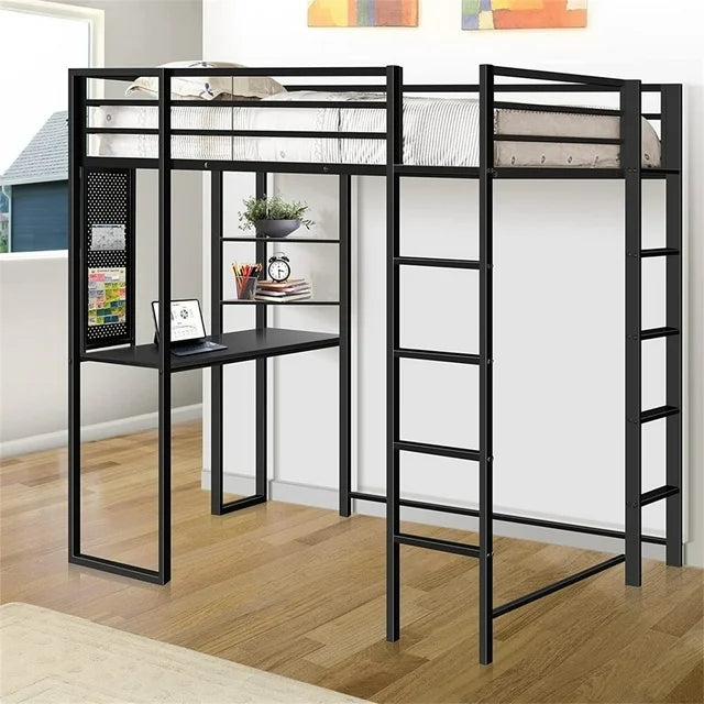 Twin Size Loft Bed with Desk and Shelves for Kids Teens, Metal Bed Frame with 2 Ladders and Guardrail, Noise Free, Space-Saving