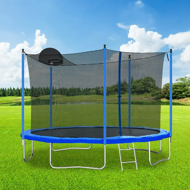 12FT Round Trampoline, Outdoor Trampoline with Basketball Hoop and Ladder, Recreational Trampoline with Safe Enclosure Net, ASTM Approved Outdoor Trampoline for Kids Teens Adults