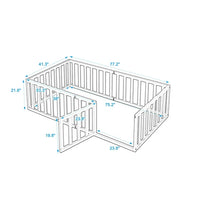 Twin Size Floor Bed for Kids, Solid Wood Platform Bed Frame with Fence-Shaped Guardrails and Door Montessori Bed Frame for Bedroom Playroom No Box Spring Needed, Gray