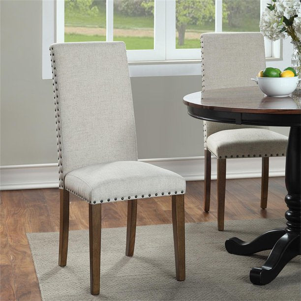 Upholstered Dining Chairs Set of 2, Modern Kitchen Chairs Set of 2, Linen Chairs with Copper Nails and Wood Legs, High Back, Mid Century, Living Room Bedroom,17.72 x 24.41 x 39.17 Inches, Beige