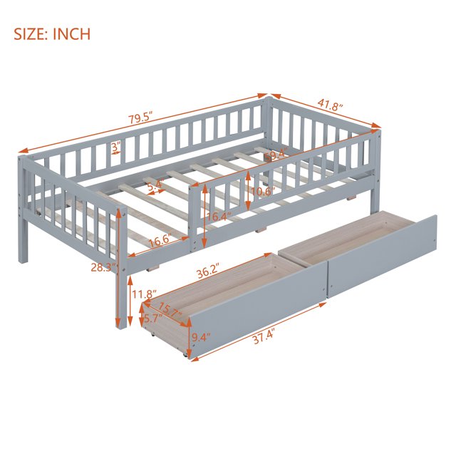 Twin Size Daybed with Two Drawers, Solid Wood Montessori Bed Frame with Fence Rails, Twin Size Platform Bed Sofa Bed with 10 Sturdy Slats for Bedroom Living Room and Guest Room, Noise Free, Gray