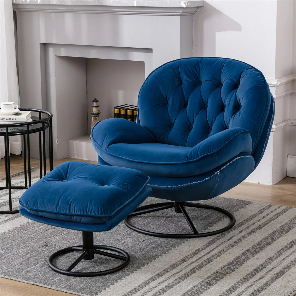 Velvet Swivel Accent Chair with Ottoman,Modern Chaise Lounge with Footstool,Comfy Armchair TV Chairs with Metal Frame and Legs for Living Room,Bedroom,Office,Blue