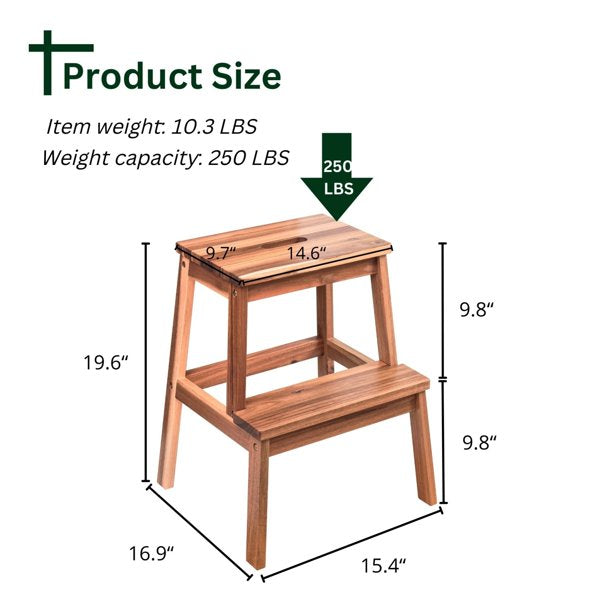 Wooden 2 Step Stool for Children and Adults, Kitchen Step Stool with 250lbs, Multifunctional Large Step Helper for Toilet, Bathroom and Bedroom, 16.9