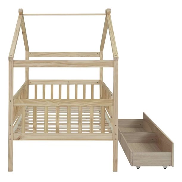 Twin Size Montessori Bed with Two Drawers for Kids, Wood Floor Bed Frame, House Bed Frame with Fence & Roof, Solid Wood Playhouse Bed Storage Bed, for Girls Boys Teens, Natural