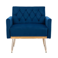 Velvet Single Sofa Chair, Mid-Century Button Tufted Upholstered Accent Living Room Chair with Golden Metal Legs, Comfy Armchair Leisure Lounge Chair with Wide Backrest and Armrest for Bedroom, Navy