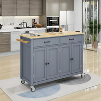 Kitchen Island Cart with Spacious Tabletop and Locking Wheels, 54.3" Large Kitchen Trolley Cart with 4 Door Cabinet and Two Storage Drawers, Spice Rack Towel Rack, Rolling Kitchen Island Cart, Blue