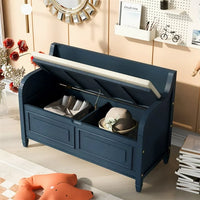 42" Storage Bench, Rustic Entryway Bench with Safety Hinge, Wood Bed Ottoman Bench with Cushion for Living Room Bedroom, Antique Navy