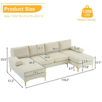 U-Shaped Sectional Sofa with Double Chaise, 110" Linen Fabric Couch Sofa with Metal Legs and Removable Cushions, Armrests, 4-Seat Sectional Couch for Living Room, Apartment, Office, Beige