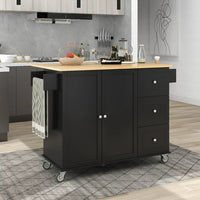 Rolling Kitchen Island with Three Drawers and Storage Cabinet, Kitchen Cart with Store Platform and Drop Leaf, Paper Towel Rack and Spice Rack Kitchen Cart on Wheels