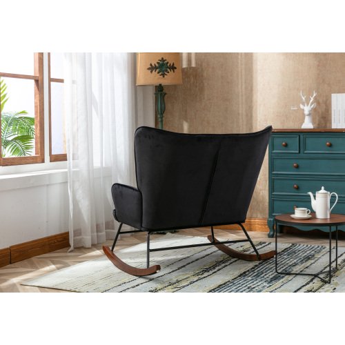 Upholstered Rocking Chair Padded Seat with High Backrest and Armrest Accent Chair Upholstered Armchair Single Sofa Accent Glider Rocker for Living Room Bedroom Offices Black