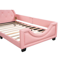 Twin Size Upholstered Daybed, Wood Low Platform Day Bed Frame with Cat Ears Shaped Headboard & Curved Footboard, PU Leather Sofa Bed Frame with Button Tufted Decoration & Nailhead Trim for Kids, Pink