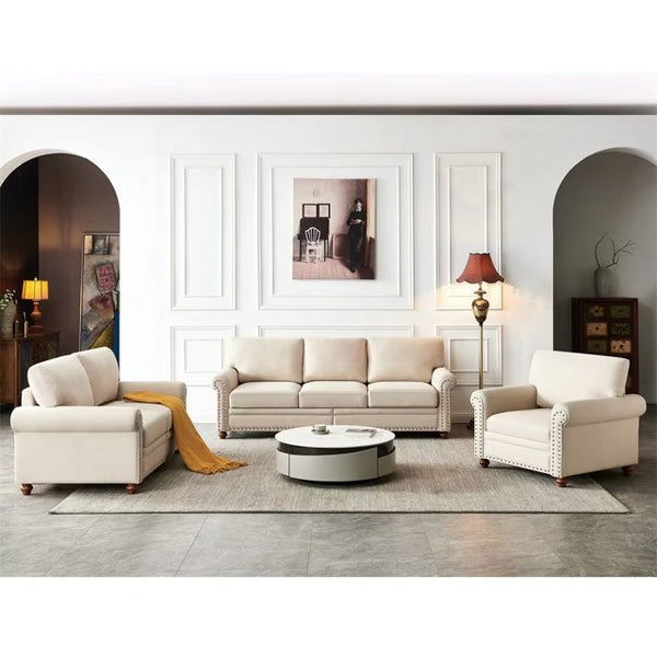 3 Piece Living Room Set with 3-seat Sofa Loveseat Armchair, Upholstered Sectional Sofa with Nailhead Trim for Living Room, Beige