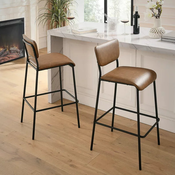 Set of 2 Bar Stools with Back and Footrest, Bar Height Dining Chairs Kitchen Dining Cafe Chair with Metal Legs Modern Upholstered Pu Leather Faux Barstool for Living Room Kitchen Resturant, Brown