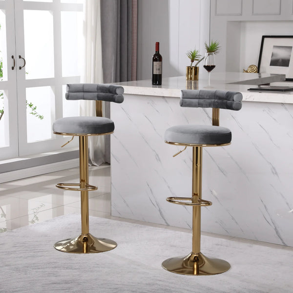 2 PCS Bar Stools with Back and Footrest,Adjustable Retro Style Velvet Counter Swivel Bar stools, Modern Counter Height Dining Upholstered Chairs for Kitchen Island, Cafe, Pub, Grey