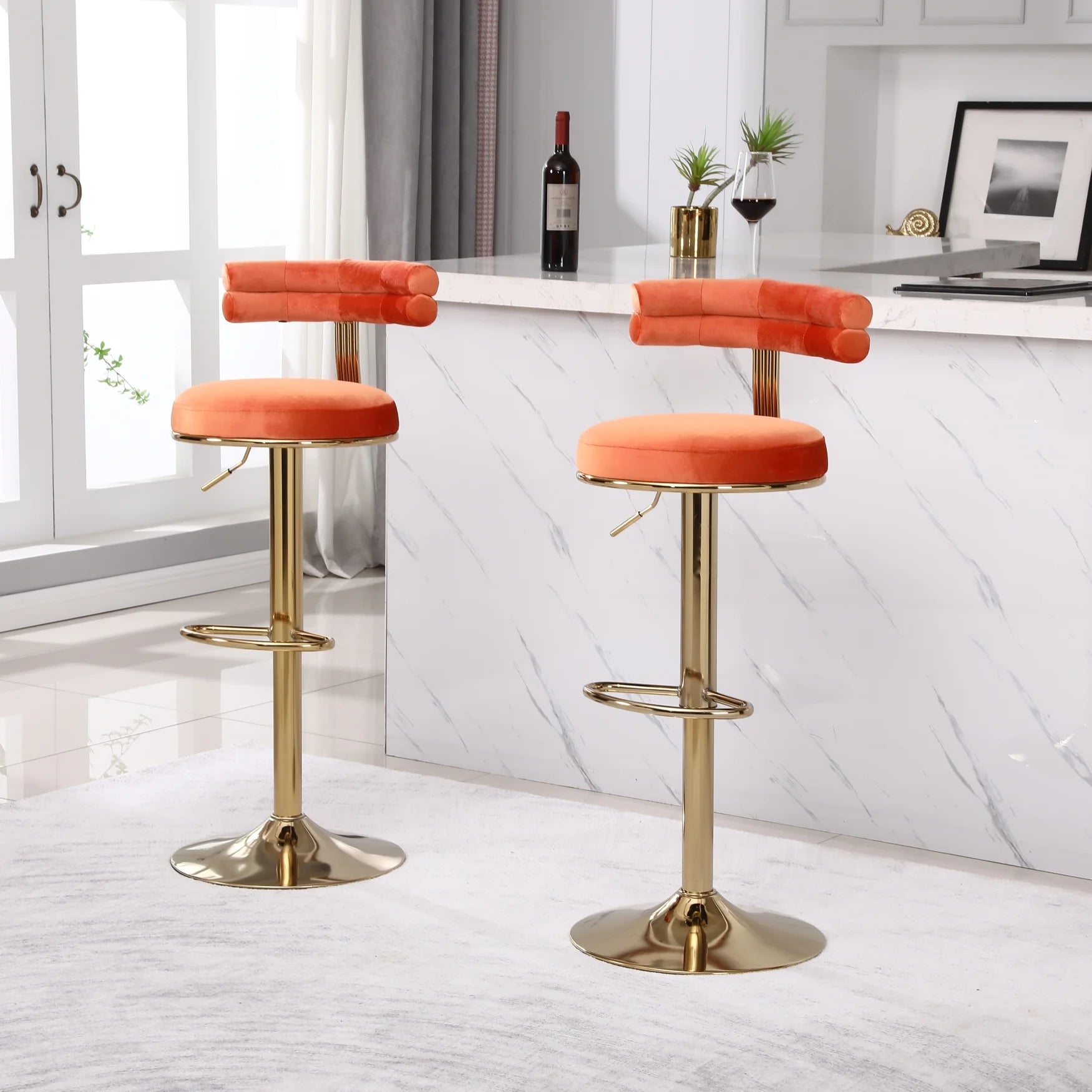 2 PCS Bar Stools with Back and Footrest,Adjustable Retro Style Velvet Counter Swivel Bar stools, Modern Counter Height Dining Upholstered Chairs for Kitchen Island, Cafe, Pub, Orange