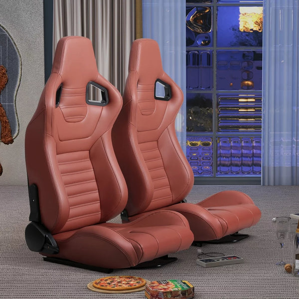 2-Piece Racing Seats, Pair of Bucket Seats with Adjustable Double Slidesfor Front-Back Adjustment, Universal PVC Leather Racing Seats for Cars (Brick red)