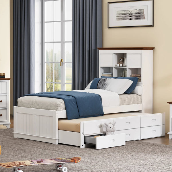 2 Pieces Wooden Captains Bedroom Set ,Twin Bed with Trundle and Nightstand, for Kids Teens, White+Walnut