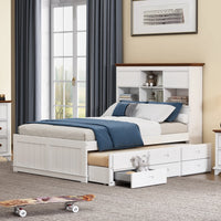 2 Pieces Wooden Captains Bedroom Set for Kids Teens, Full Bed with Trundle and Nightstand,White+Walnut