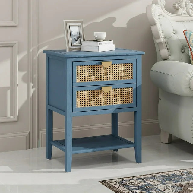 2 Rattan Drawers Nightstand with Non-Slip Foot Pads, American Style Bedside Table with Metal Handle, Boho End Table with Open Shelf for Bedroom, Living Room, 22.05